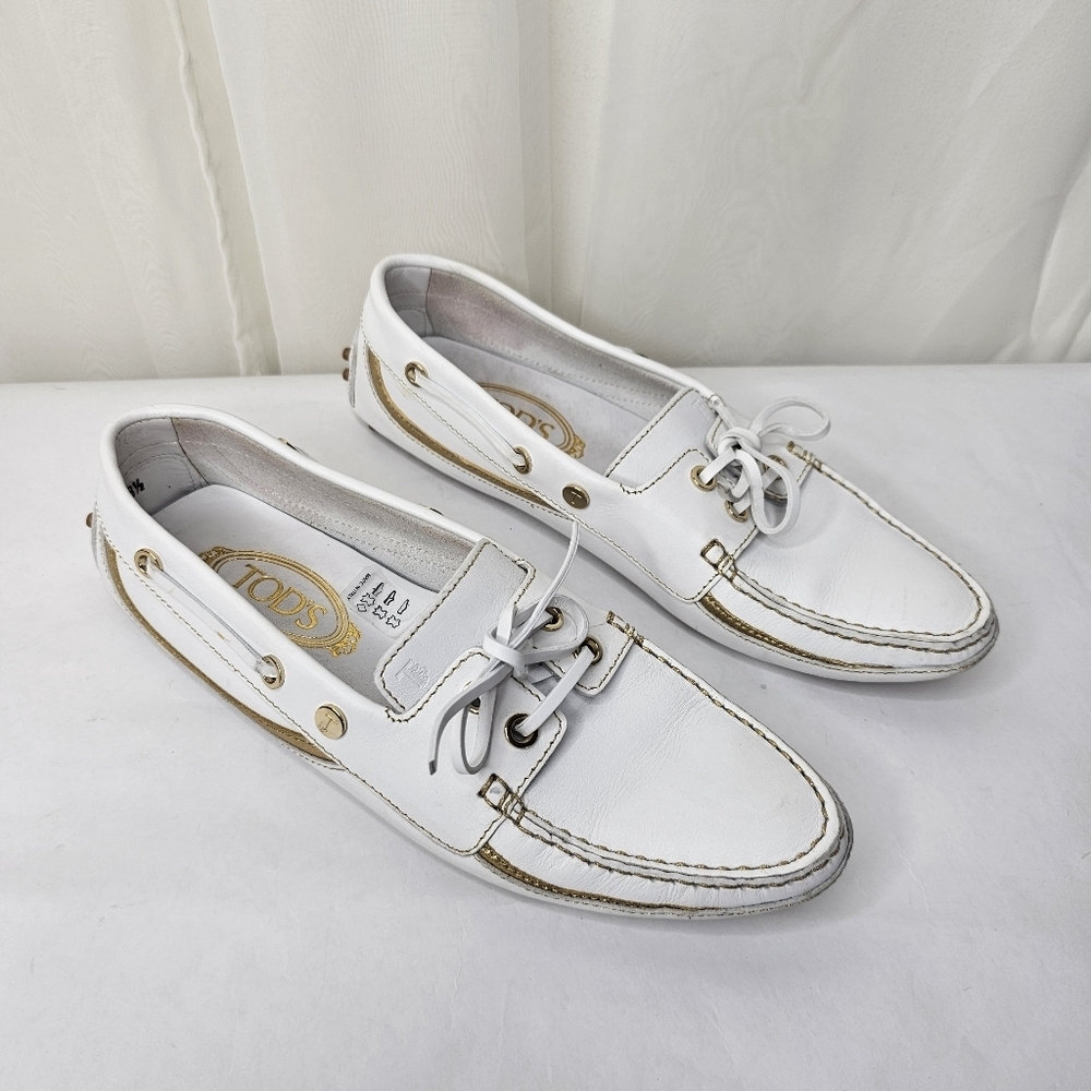 Tod's Vela Gommino Devon Laced Leather Shoe White Gold Trim Size 38.5